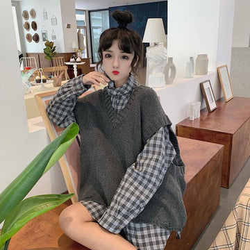 Yipinpay Spring Women vest Knitted Vintage fashion Loose Oversize V-neck pullovers Vest Match Plaid shirt Korean style female top